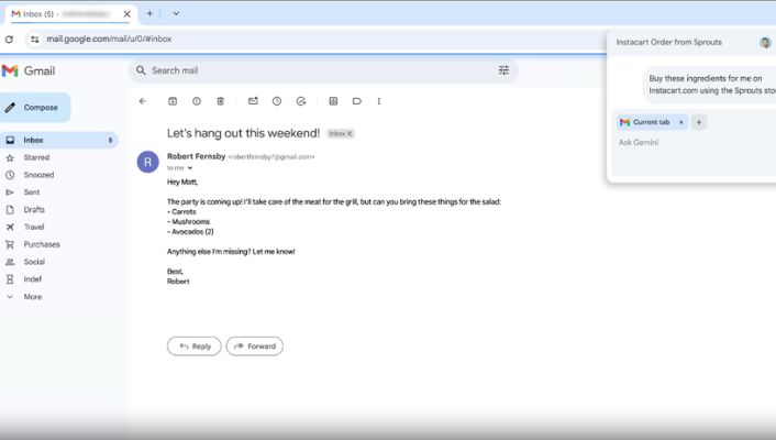 Chrome agentic browsing assistant completing a multi-step task for the user