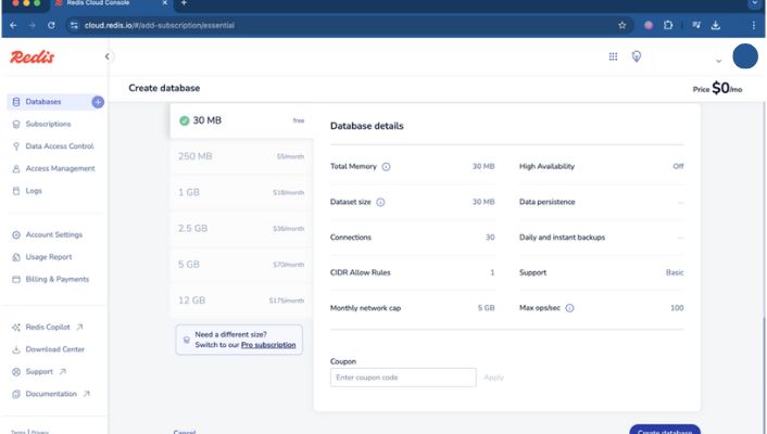 Redis Cloud pricing options with the 30 MB free plan chosen