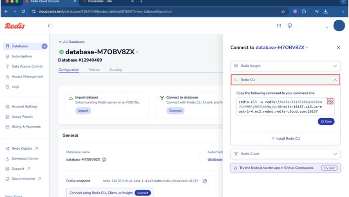 Redis connect panel with the Redis CLI tab and the eye icon that reveals the password