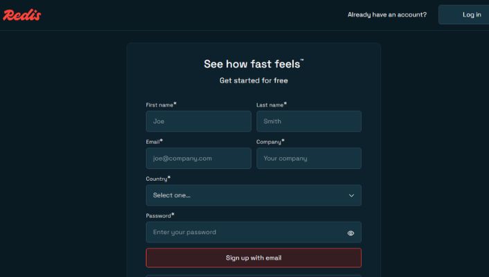 Redis sign-up page used to create a free account