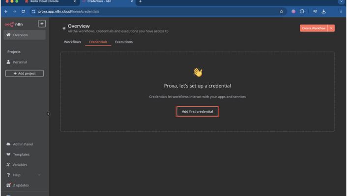 n8n Credentials page with the Add credential button highlighted