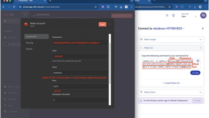 n8n Redis credential form where the Redis password is pasted in