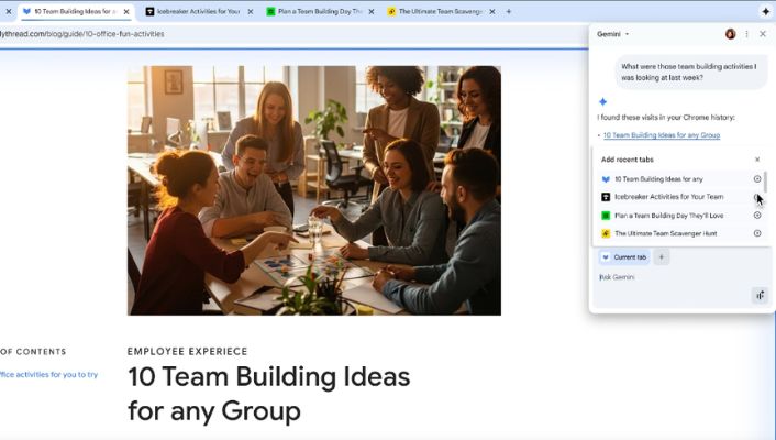 Chrome AI summarising and comparing information across several open tabs