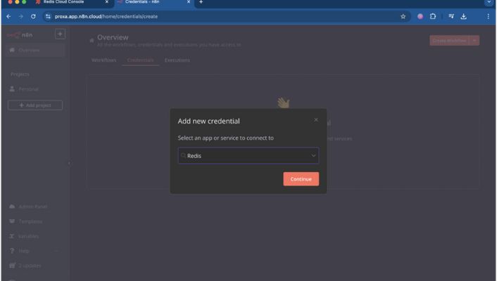 n8n credential picker searching for the Redis app with Continue highlighted