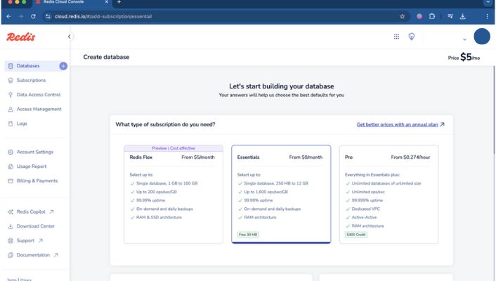 Redis Cloud plan picker with the Essentials option selected