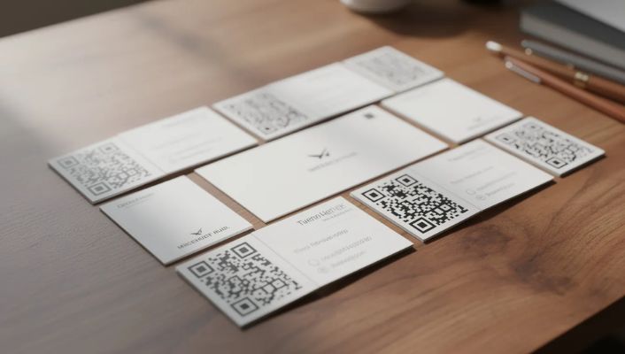 A collection of business cards, each printed with a unique QR code A collection of business cards, each printed with a unique QR code