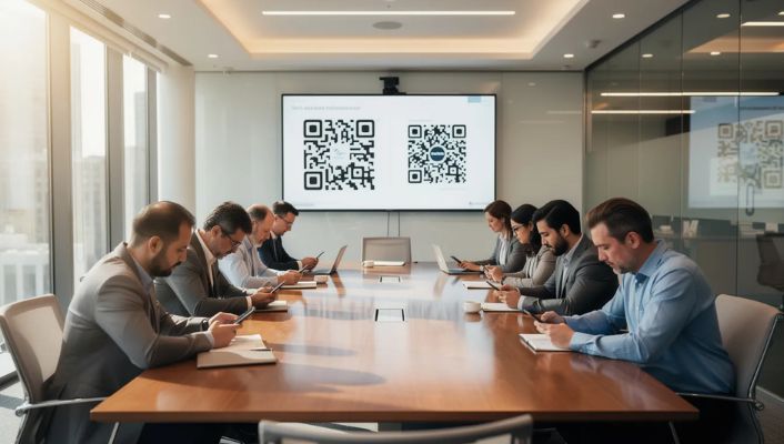 A group of colleagues in a meeting room reviewing a QR code campaign A group of colleagues in a meeting room reviewing a QR code campaign