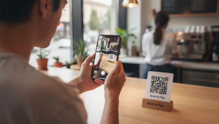 A person scanning a QR code with a smartphone camera A person scanning a QR code with a smartphone camera