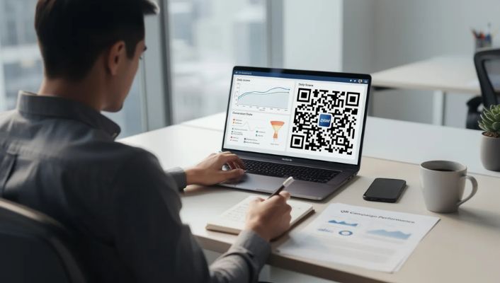 A marketing professional analysing QR code scan data on a laptop dashboard A marketing professional analysing QR code scan data on a laptop dashboard