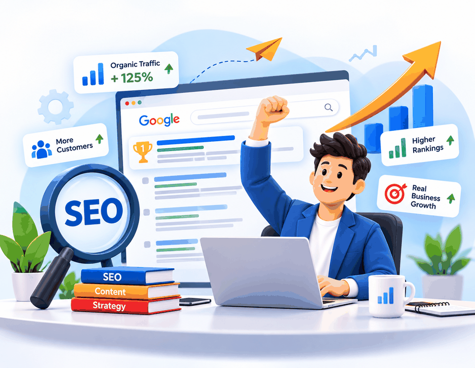 SEO सफलता डैशबोर्ड का चित्र: लैपटॉप पर खुश व्यक्ति, Google रिज़ल्ट पेज, ऑर्गेनिक ट्रैफ़िक में 125 प्रतिशत की बढ़ोतरी, बेहतर रैंकिंग और ज़्यादा ग्राहक