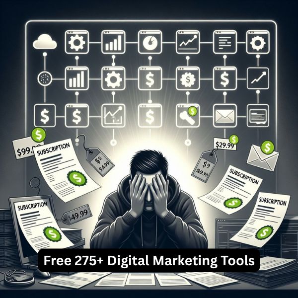 Frustrated marketer surrounded by expensive digital marketing tools, discovering a free SEO SMO tools hub